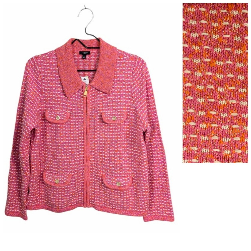 NWT Talbots Collared Full Zip Cardigan Sweater Dash Stripe Pink Old Money Lp